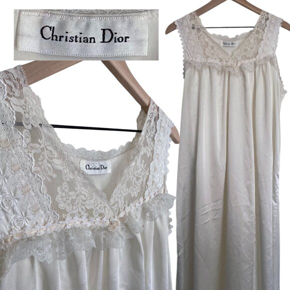 Dior Other - Vintage Christian Dior Lingerie Satin Sleeveless Slip with Lace Nightgown Size M